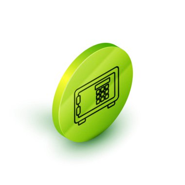 İzometrik çizgi Beyaz arka planda yalıtılmış güvenli simge. Kapı kasası, kombine kilidi olan bir banka kasası. Güvenilir veri koruması. Yeşil daire düğmesi. Vektör İllüstrasyonu