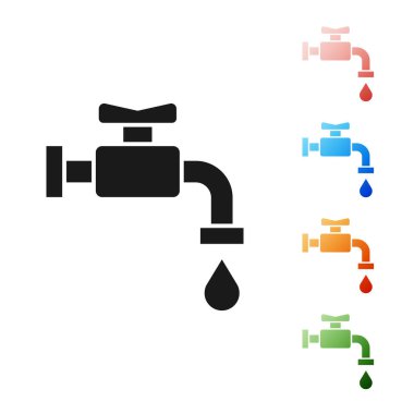 Siyah su musluğu simgesi beyaz arkaplanda izole edildi. Simgeleri renklendirin. Vektör İllüstrasyonu