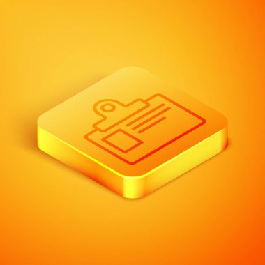 Turuncu arka planda yalıtılmış İzometrik çizgi Tanımlama rozeti simgesi. Bu sunum için kullanılabilir, şirketin kimliği, reklam. Turuncu kare düğme. Vektör İllüstrasyonu