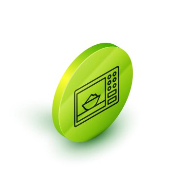 Beyaz zemin üzerinde izole edilmiş Isome hattı mikrodalga fırın ikonu. Ev aletleri simgesi. Yeşil daire düğmesi. Vektör İllüstrasyonu