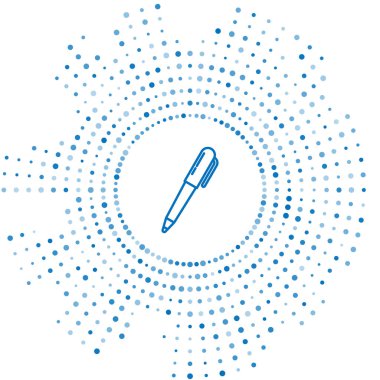 Mavi çizgi kalem simgesi beyaz arkaplanda izole edildi. Soyut çember rastgele noktalar. Vektör İllüstrasyonu