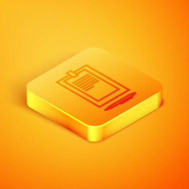 Turuncu arkaplanda belge simgesi olan Isometric satır panosu. Turuncu kare düğme. Vektör İllüstrasyonu