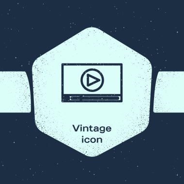 Grunge Line Online video oynatma simgesi mavi arkaplanda izole edildi. Oyun işaretli film şeridi. Tek renkli klasik çizim. Vektör İllüstrasyonu