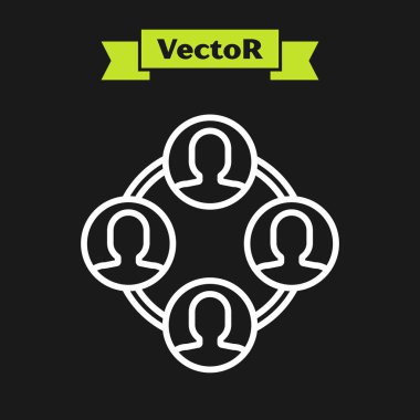 Beyaz çizgi Proje ekibi üs simgesi siyah arkaplanda izole edildi. İş analizi ve planlama, danışmanlık, takım çalışması, proje yönetimi. Vektör İllüstrasyonu