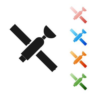 Siyah uydu simgesi beyaz arkaplanda izole edildi. Simgeleri renklendirin. Vektör İllüstrasyonu