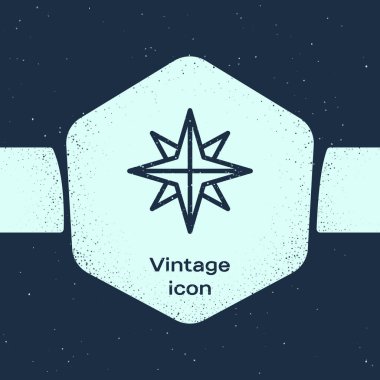 Grunge hattı Mavi arka plan üzerinde izole rüzgar gül simgesi. Seyahat için pusula simgesi. Navigasyon tasarımı. Tek renkli vintage çizim. Vektör İllüstrasyonu
