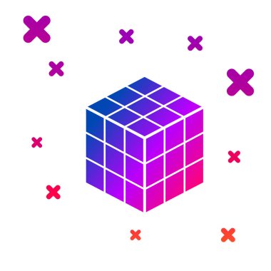 Beyaz arkaplanda izole edilmiş renkli Rubik küp simgesi. Mekanik yapboz oyuncağı. Rubik 'in 3 boyutlu küp kombinasyon bulmacası. Kademeli rastgele dinamik şekiller. Vektör İllüstrasyonu