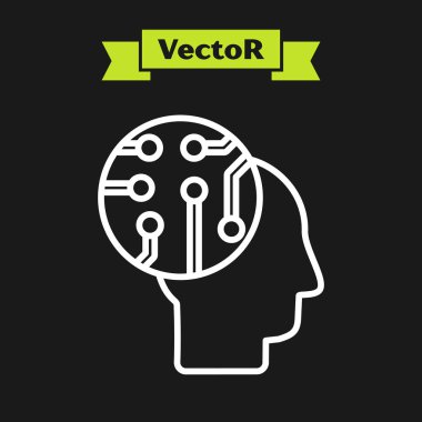 Dijital devre kartı simgesi olarak beyaz çizgi insan beyni siyah arkaplanda izole edildi. İçinde devre çizgileri olan insan kafası. Vektör İllüstrasyonu