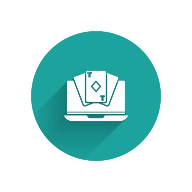 White Online poker masası ikonu uzun gölgeyle izole edildi. İnternetteki kumarhane. Yeşil daire düğmesi. Vektör İllüstrasyonu