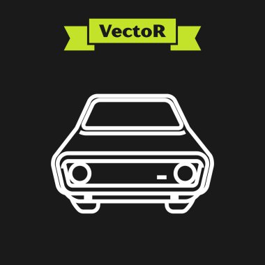 Siyah arka planda beyaz çizgi araba simgesi izole edildi. Ön manzara. Vektör İllüstrasyonu