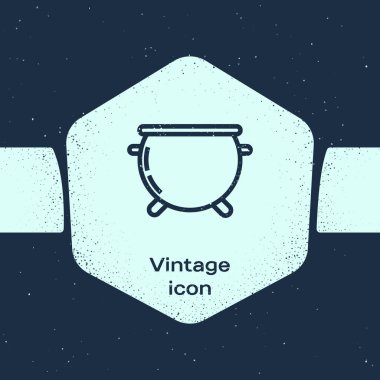 Grunge Hattı Cadılar Bayramı cadı kazanı ikonu mavi arka planda izole edildi. Mutlu Cadılar Bayramı Partisi. Tek renkli klasik çizim. Vektör İllüstrasyonu