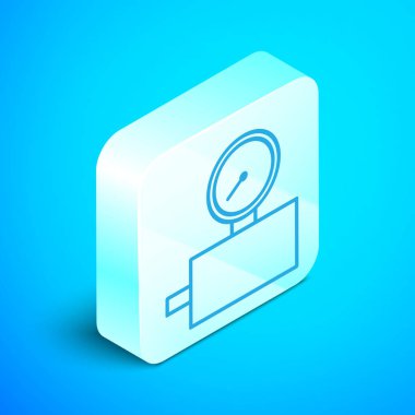 Isometric çizgi ölçeği simgesi mavi arkaplanda izole edildi. Memnuniyet, sıcaklık, manometre, risk, değerlendirme, performans, hız taktik ölçer. Gümüş kare düğme. Vektör İllüstrasyonu