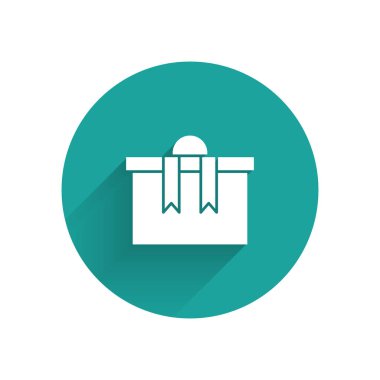 Uzun gölgeli beyaz hediye kutusu simgesi. Mutlu Noeller ve mutlu yıllar. Yeşil daire düğmesi. Vektör İllüstrasyonu