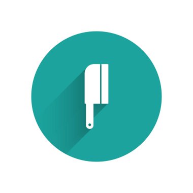 Beyaz Et Helikopteri simgesi uzun gölgeli izole edildi. Et için mutfak bıçağı. Kasap bıçağı. Yeşil daire düğmesi. Vektör İllüstrasyonu