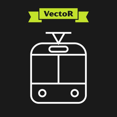 Beyaz hat tramvay ve demiryolu ikonu siyah arka planda izole edildi. Toplu taşıma sembolü. Vektör İllüstrasyonu