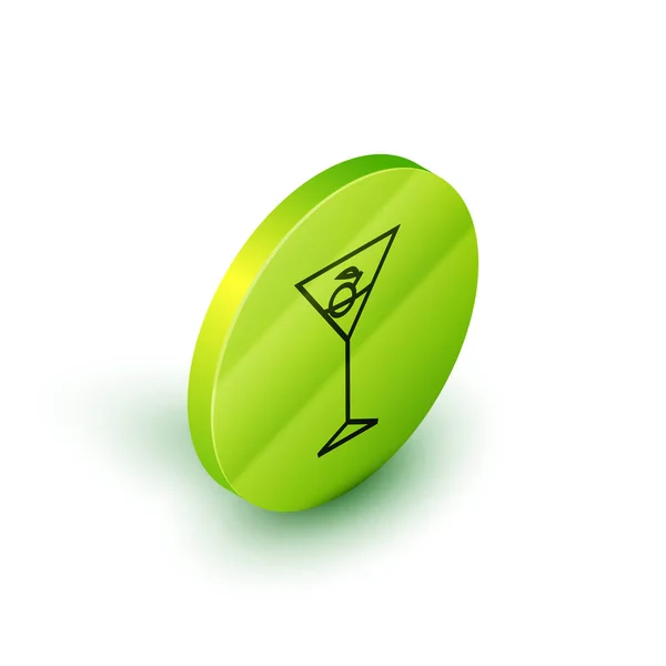 Isométrique ligne Martini icône en verre isolé sur fond blanc. Icône de cocktail. icône de verre de vin. Bouton rond vert. Illustration vectorielle — Image vectorielle