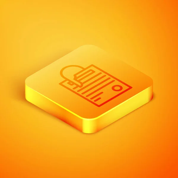 Isometric line File document and paper clip icon isolated on orange background. Checklist icon. Business concept. Orange square button. Vector Illustration — Stock Vector