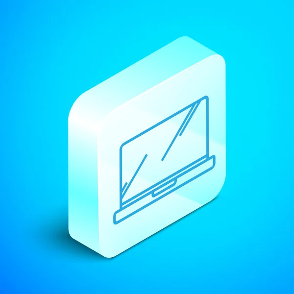 Isometrische Linie Laptop-Symbol isoliert auf blauem Hintergrund. Computer-Notizbuch mit leerem Bildschirm. Silberner quadratischer Knopf. Vektorillustration — Stockvektor
