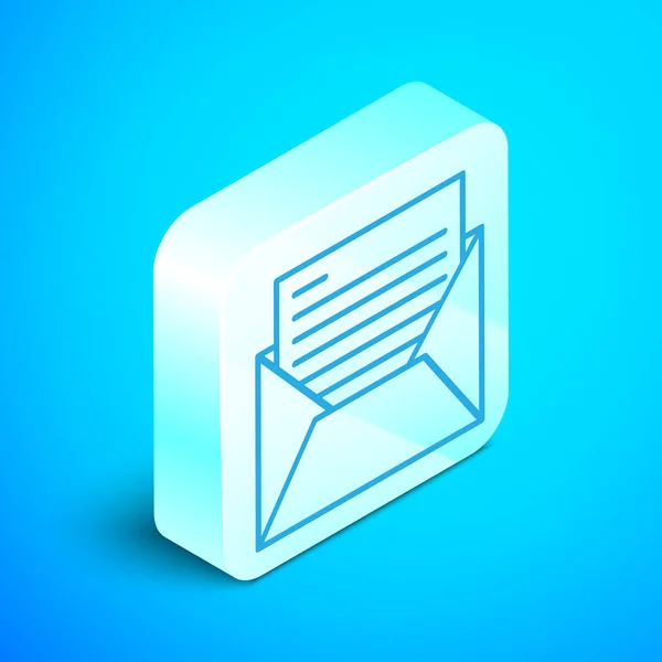 Línea isométrica Icono de correo y correo electrónico aislado sobre fondo azul. Envolvente símbolo e-mail. Señal de correo electrónico. Botón cuadrado plateado. Ilustración vectorial — Vector de stock