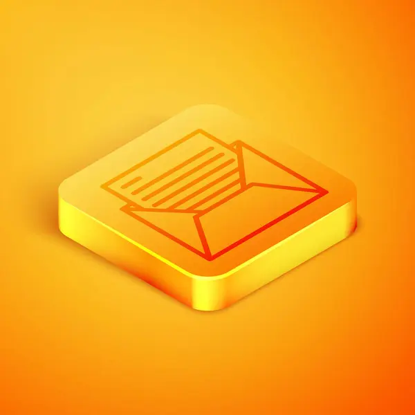 Linha isométrica Ícone de correio e e-mail isolado no fundo laranja. Envelope símbolo e-mail. E-mail sinal de mensagem. Botão quadrado laranja. Ilustração vetorial — Vetor de Stock