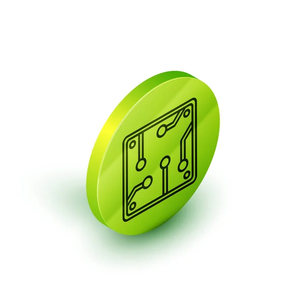 Icono del procesador de línea isométrica aislado sobre fondo blanco. CPU, unidad central de procesamiento, microchip, microcircuito, procesador de computadoras, chip. Botón círculo verde. Ilustración vectorial — Vector de stock