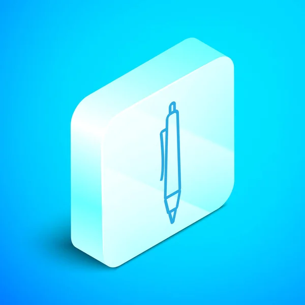 Isometryczna ikona pióra izolowana na niebieskim tle. Srebrny przycisk. Ilustracja wektora — Wektor stockowy