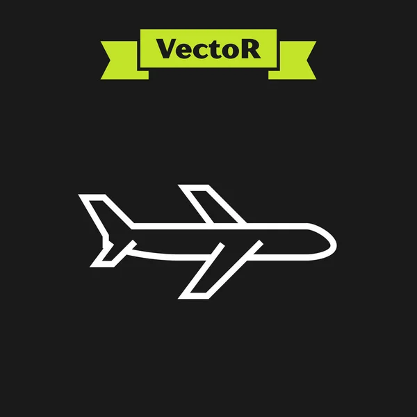 Weiße Linie Ebene Symbol isoliert auf schwarzem Hintergrund. Flugzeugikone. Verkehrszeichen. Vektorillustration — Stockvektor