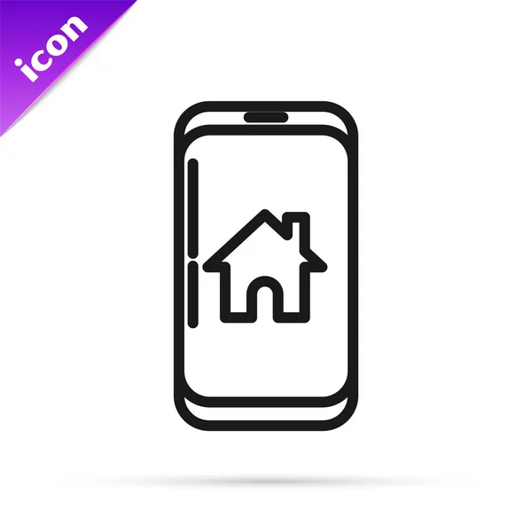 Linha preta Telefone celular com ícone de casa inteligente isolado no fundo branco. Controlo remoto. Ilustração vetorial — Vetor de Stock