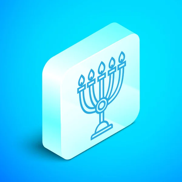 Isometrische Linie chanukkah menorah Symbol isoliert auf blauem Hintergrund. Chanukka traditionelles Symbol. Feiertagsreligion, jüdisches Lichterfest. Silberner quadratischer Knopf. Vektorillustration — Stockvektor