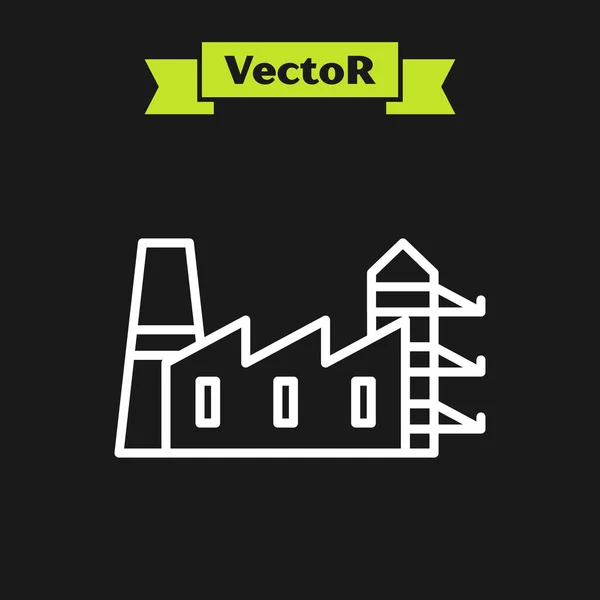Weiße Linie Kraftwerk und Fabrik-Symbol isoliert auf schwarzem Hintergrund. energieindustrielles Konzept. Vektorillustration — Stockvektor