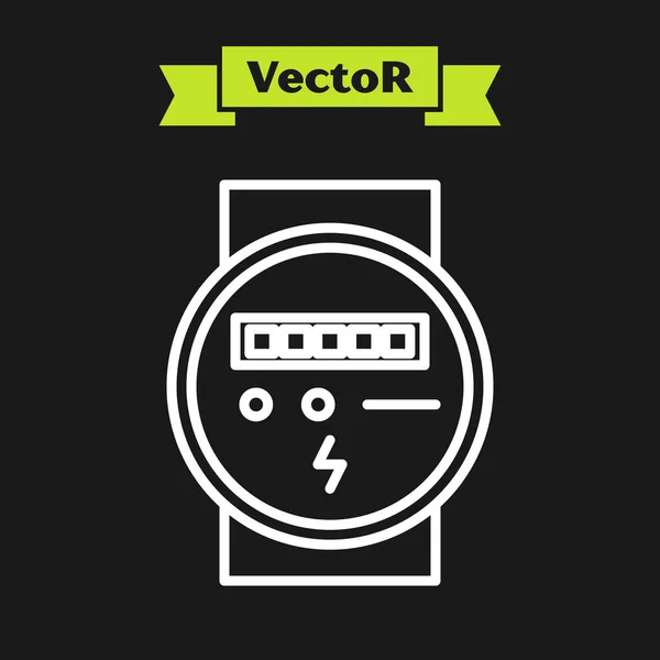 Weiße Linie Stromzähler Symbol isoliert auf schwarzem Hintergrund. Vektorillustration — Stockvektor