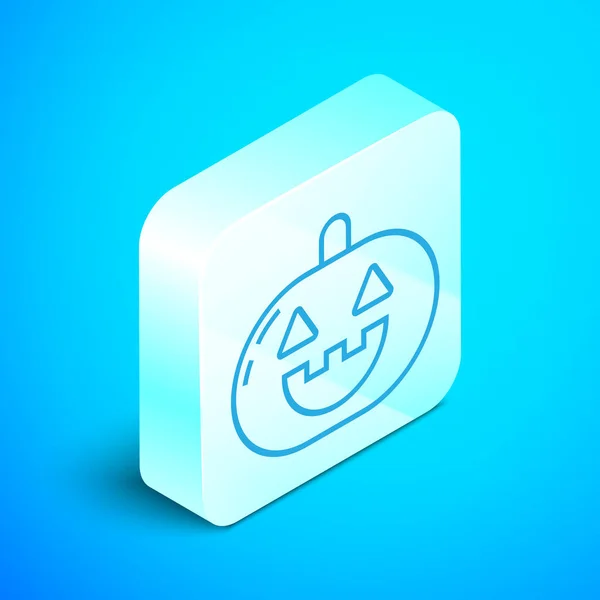 Isometric line Pumpkin icon isolated on blue background. Happy Halloween party. Silver square button. Vector Illustration — Stock Vector