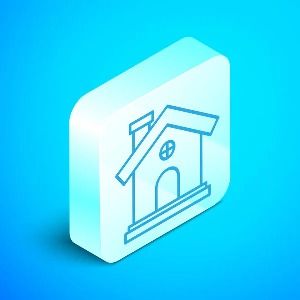 Isométrique ligne Maison icône isolée sur fond bleu. Symbole domestique. Bouton carré argenté. Illustration vectorielle — Image vectorielle
