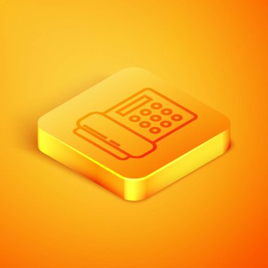 İzometrik çizgi Turuncu arka planda yalıtılmış telefon simgesi. Sabit telefon. Turuncu kare düğme. Vektör İllüstrasyonu