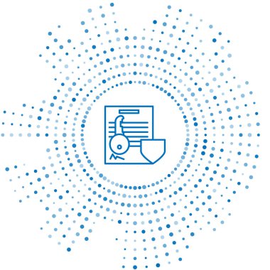 Beyaz zemin üzerinde kalkan simgesi olan mavi çizgi belgesi. Anahtar sigortası. Güvenlik, güvenlik, koruma, konsept koruma. Soyut çember rastgele noktalar. Vektör İllüstrasyonu