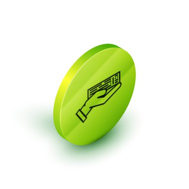 Beyaz arkaplanda izole edilmiş iskambil iskambil simgesi destesini tutan Isometric Line Hand. Kumarhane kumarı. Yeşil daire düğmesi. Vektör İllüstrasyonu