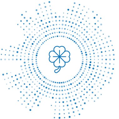 Mavi çizgi dört yapraklı yonca simgesi beyaz arkaplanda izole edildi. Mutlu Aziz Patrick günleri. Soyut çember rastgele noktalar. Vektör İllüstrasyonu