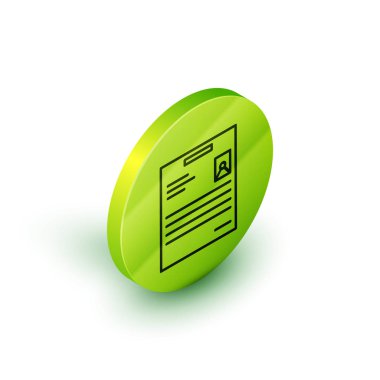 Beyaz arkaplanda Isometric satır kişisel belge simgesi izole. Dosya simgesi. Kontrol listesi simgesi. İş konsepti. Yeşil daire düğmesi. Vektör İllüstrasyonu