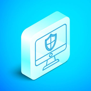 Isometric çizgi bilgisayar monitörü ve kalkan simgesi mavi arkaplanda izole edildi. Güvenlik, güvenlik duvarı teknolojisi, internet gizliliği ya da antivirüs. Gümüş kare düğme. Vektör İllüstrasyonu