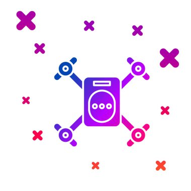 Beyaz arka planda izole eylem video kamera simgesi ile uçan renk drone. Video ve fotoğraf kamera sembolü ile quadrocopter. Degrade rasgele dinamik şekiller. Vektör Illustration