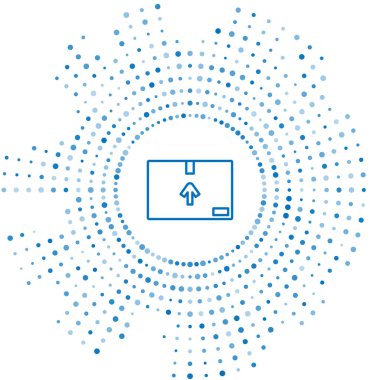 Beyaz zemin üzerinde trafik sembolü simgesi olan mavi çizgi karton kutu. Kutu, paket, paket işareti. Teslimat, ulaşım ve nakliye. Soyut çember rastgele noktalar. Vektör İllüstrasyonu