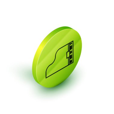 İzometrik çizgi Kuyruklu piyano simgesi beyaz arka plan üzerinde izole. Enstrüman. Yeşil daire düğmesi. Vektör İllüstrasyonu