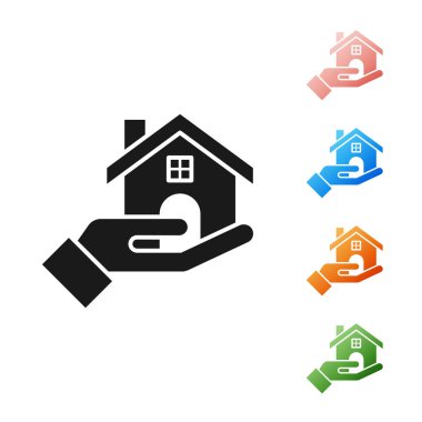 Siyah emlakçı simgesi beyaz arkaplanda izole edildi. Ev almak. Simgeleri renklendirin. Vektör İllüstrasyonu