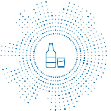 Mavi çizgi, beyaz arka planda izole edilmiş süt ve cam ikonlu cam şişe. Soyut çember rastgele noktalar. Vektör İllüstrasyonu