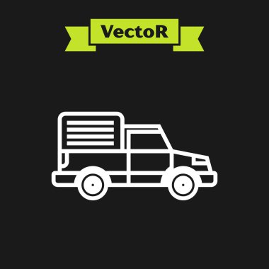 Beyaz çizgi kargo kamyonu ikonu siyah arka planda izole edildi. Vektör İllüstrasyonu
