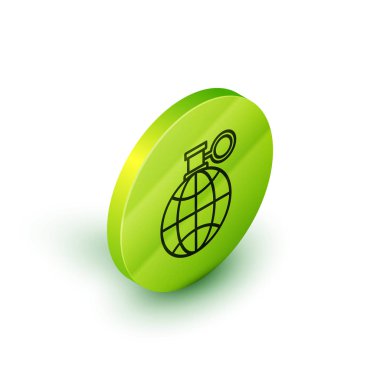 Isometric Line Planet Earth ve beyaz arka planda izole edilmiş bir geri dönüşüm ikonu. Çevresel konsept. Yeşil daire düğmesi. Vektör İllüstrasyonu