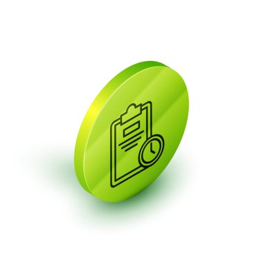 Beyaz arkaplanda saat simgesi izole edilmiş Isometric satır sınav kağıdı. Sınav kağıdı, sınav ya da araştırma konsepti. Sınav ya da sınav. Yeşil daire düğmesi. Vektör İllüstrasyonu