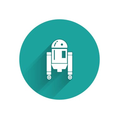 Beyaz Robot simgesi uzun gölgelerle izole edilmiş. Yeşil daire düğmesi. Vektör İllüstrasyonu