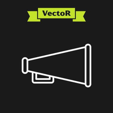Beyaz çizgi Megafon simgesi siyah arkaplanda izole edildi. Sözcü işareti. Vektör İllüstrasyonu