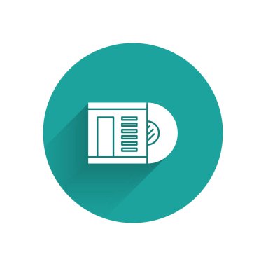 Beyaz Vinil disk simgesi uzun gölgede izole edildi. Yeşil daire düğmesi. Vektör İllüstrasyonu